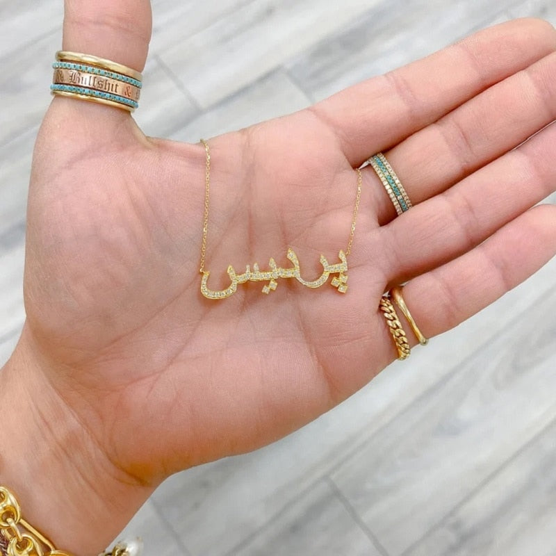 Custom Arabic Name Necklace Crystal Arabic Pendant Personalized Islamic Nameplate Gold Chain Stainless Steel Jewelry For Women