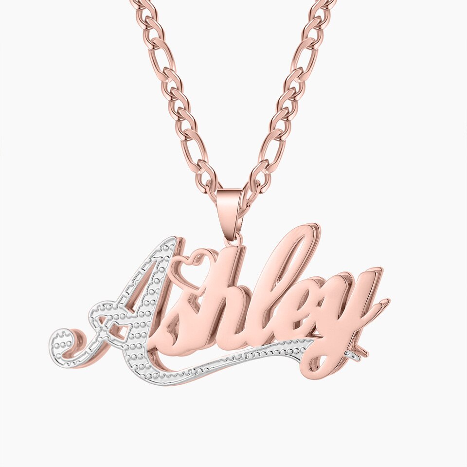 Custom Double 18K Gold Plated Name Necklace For Women Personalized Stainless Steel Names Pendant Chain Jewelry Her Gifts Cuban chain 16inch, Rose Gold