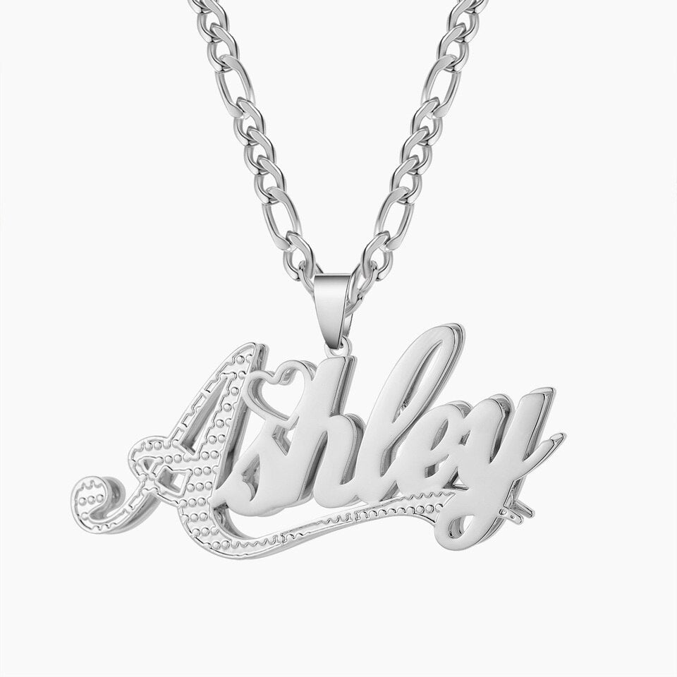 Custom Double 18K Gold Plated Name Necklace For Women Personalized Stainless Steel Names Pendant Chain Jewelry Her Gifts Cuban chain 16inch, Silver