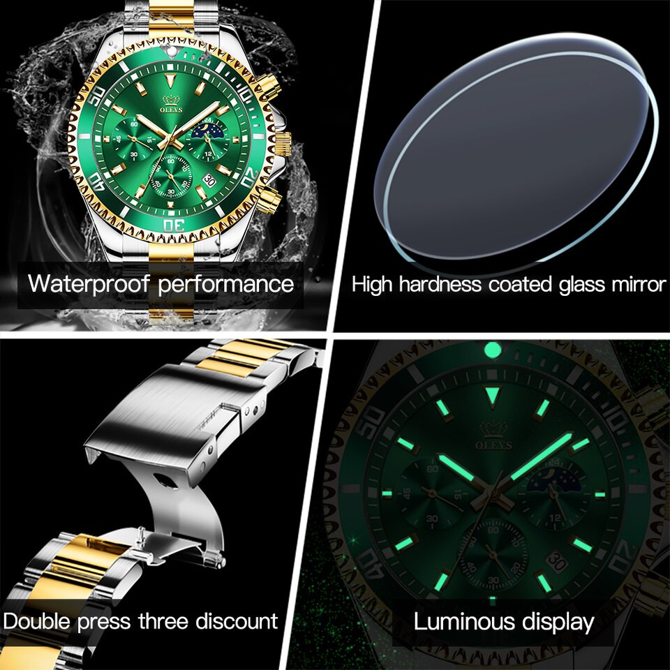 Men Watch Quartz Waterproof Luminous Stainless Steel Watch Green Sport Date Moon phase Wrist Watch for Men Reloj hombres