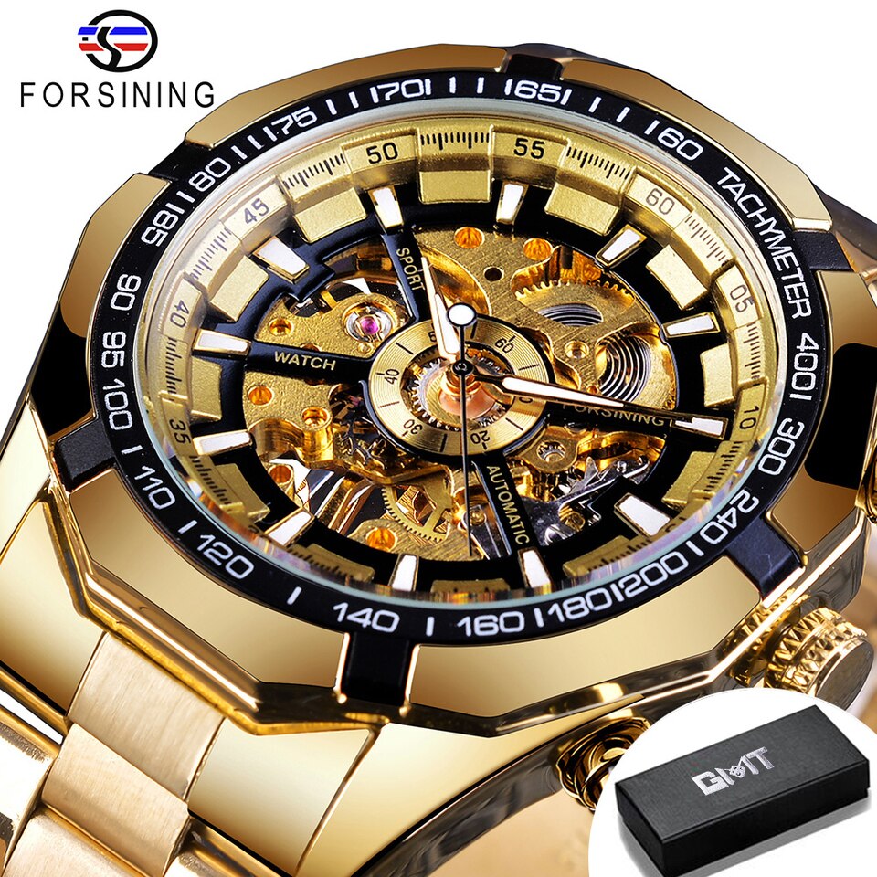 New Men Forsining Stainless Steel Watch Waterproof Mens Skeleton Watches Top Brand Luxury Transparent Mechanical Sport Male Wrist Watches