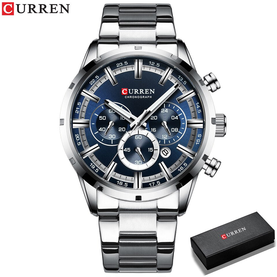 New Men Watches Top Brand Luxury Wrist Watch Quartz Clock Watch Men Waterproof Chronograph silver blue box