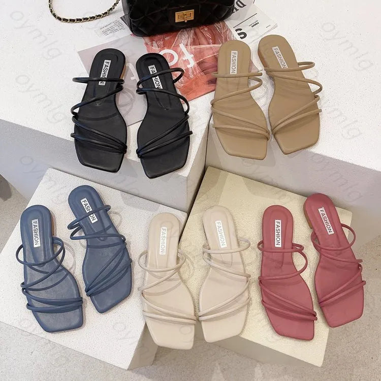 Slippers women summer Korean version new square-toe flat-heel candy color fashion outer wear sandals slippers