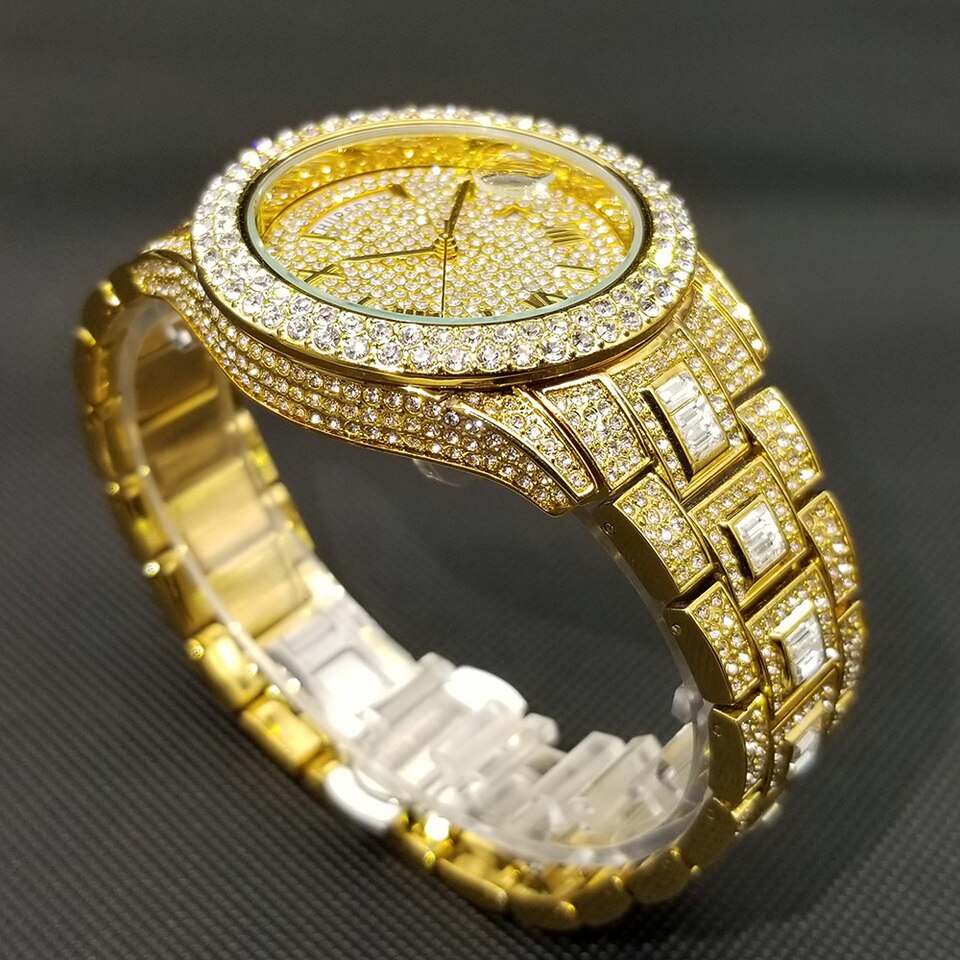 New Iced Out Watch For Men Luxury Gold Full Diamond Mens Watches Hip Hop Waterproof Day Date Clock