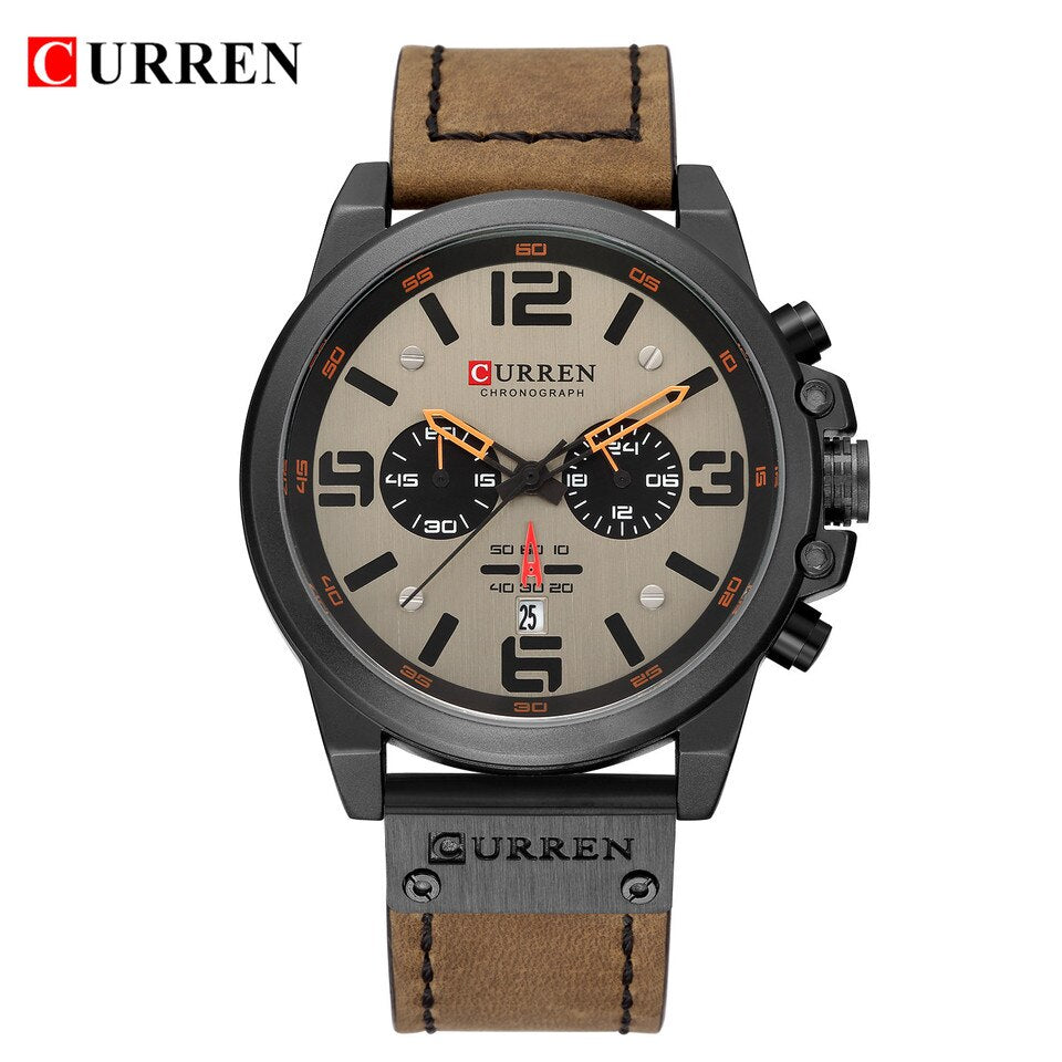 Men Watches Top Luxury Brand Waterproof Sport Wrist Watch Chronograph Quartz Military Genuine Leather Relogio Masculino black grey