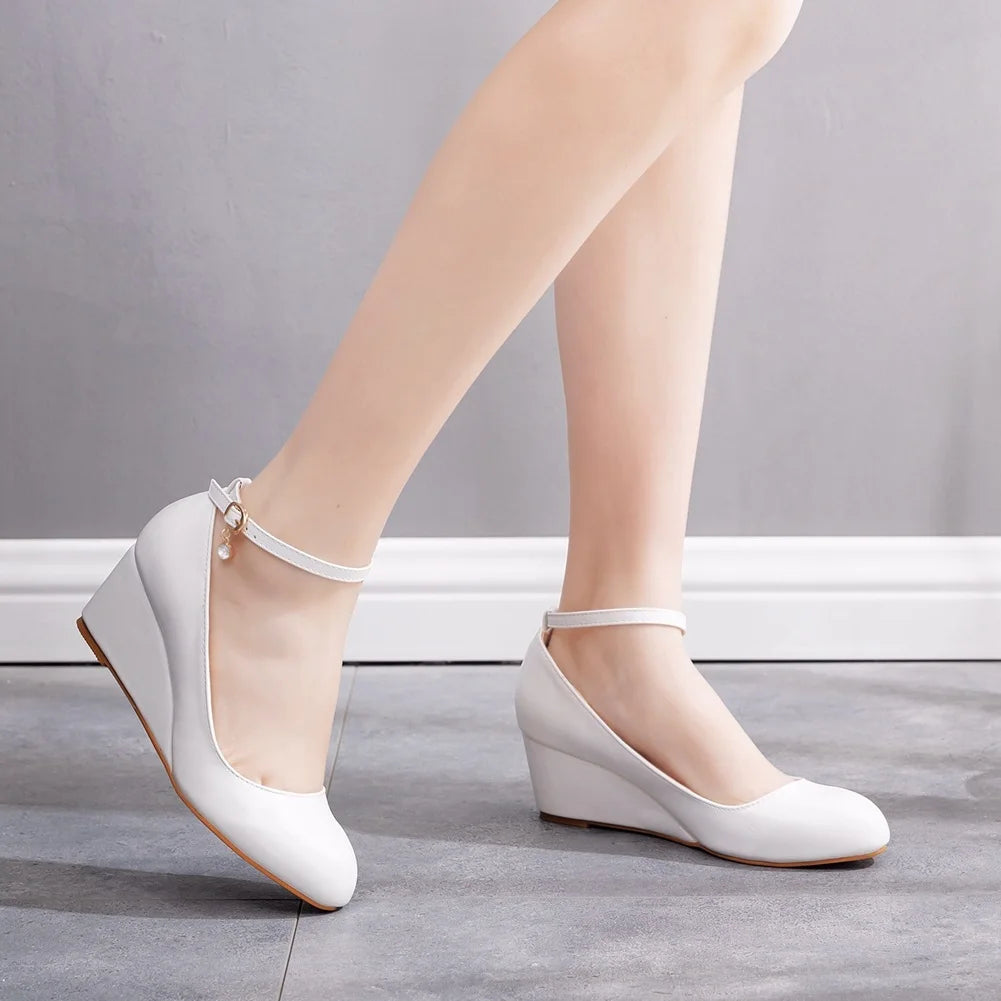 Women Fashion High Heels Shoes Plus Size Platform Wedges Female Pumps Women White pu Buckle Ankle Strap Woman Wedding Shoes