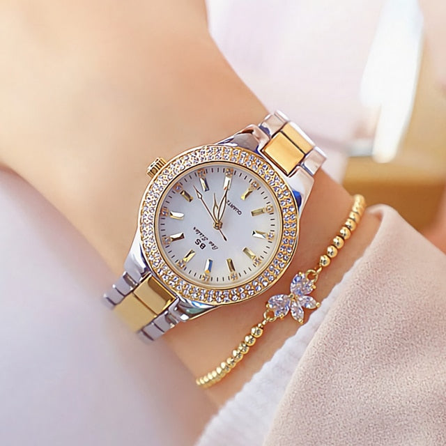 Ladies Wrist Watches Dress Gold Watch Women Crystal Diamond Watches Stainless Steel Silver Clock Women Montre Femme gold silver bracelet