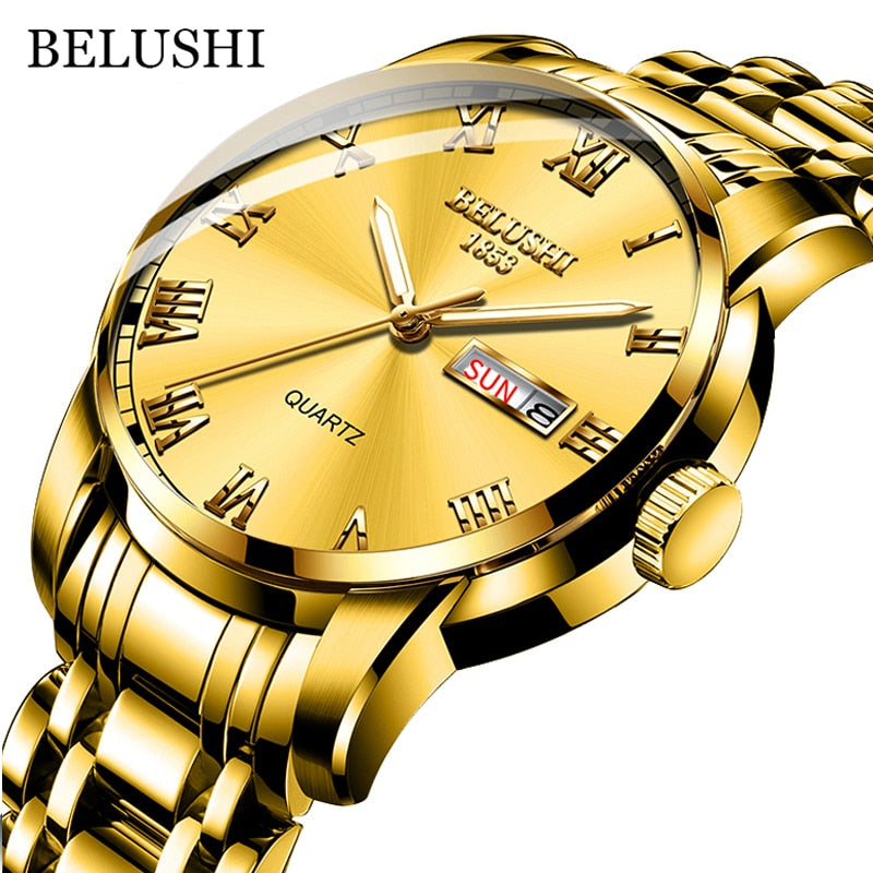 New Men Stainless Steel Business Date Clock Waterproof Luminous Watches Mens Luxury Sport Quartz Wrist Watch Golden