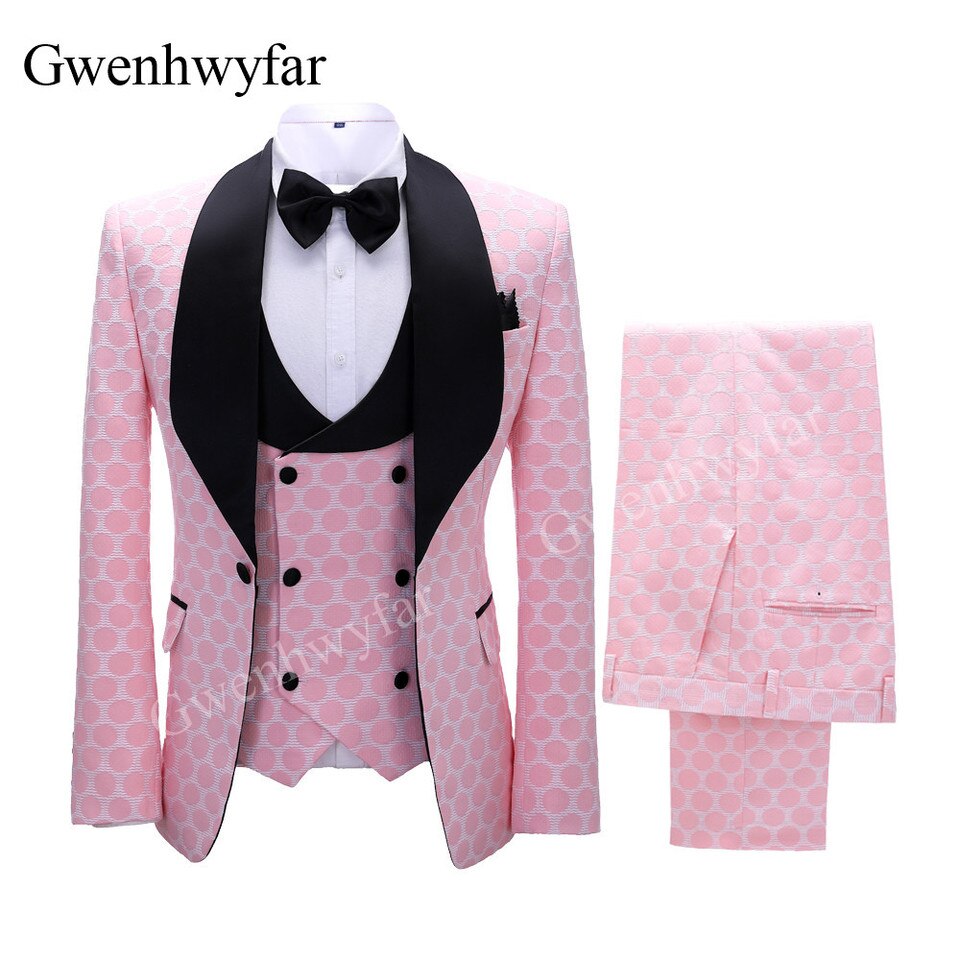 New Polka Dot Dress Suit for Men Custom Made Shawl Lapel Blazer Vest with Pants Fashion Wedding Tuxedos Groomsmen Wear image color 2, S