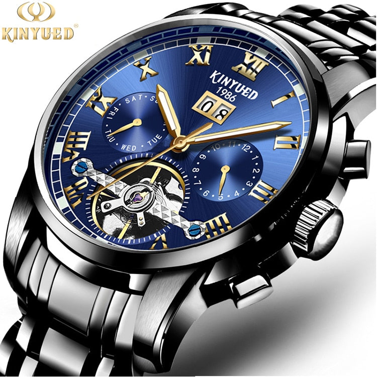 New Men Kinyued Stainless Steel Watch Band Automatic Mechanical Business Wrist Watch Luxury Brand Waterproof Watch for Men