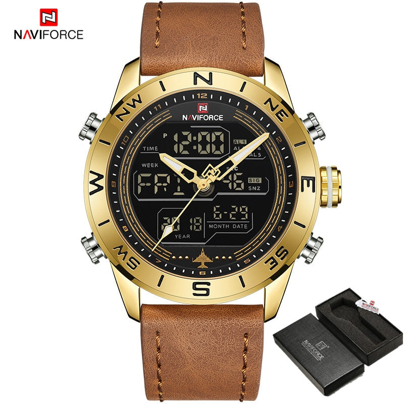 Luxury Brand Men NAVIFORCE 9144 Army Military Watch Digital Leather Sport waterproof Watches Quartz Men Clock Relogio Masculino GGLBN BOX, China