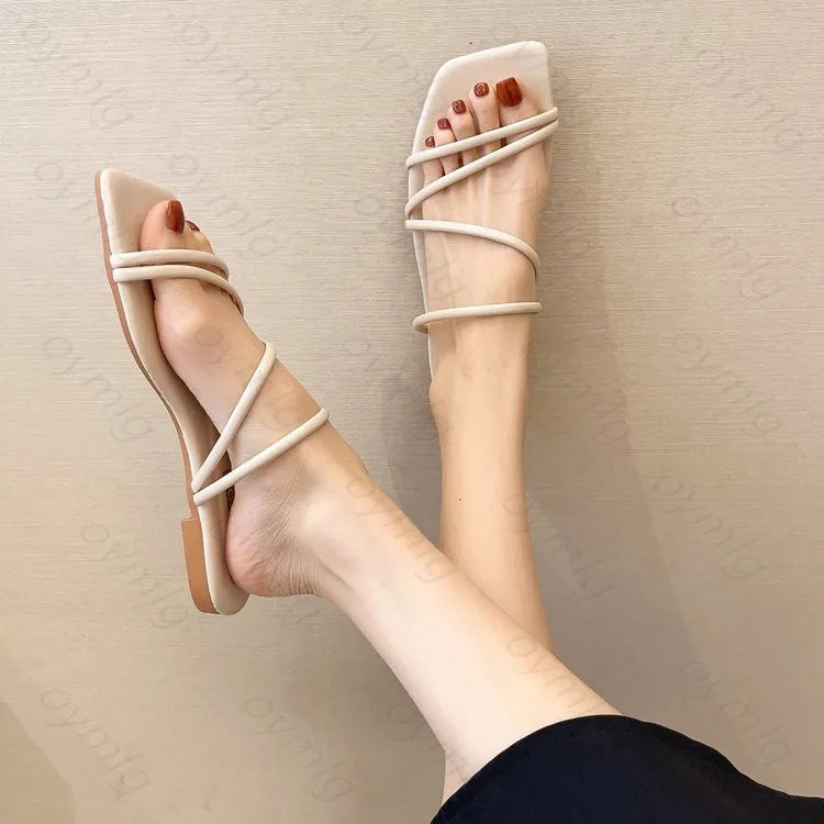 Slippers women summer Korean version new square-toe flat-heel candy color fashion outer wear sandals slippers