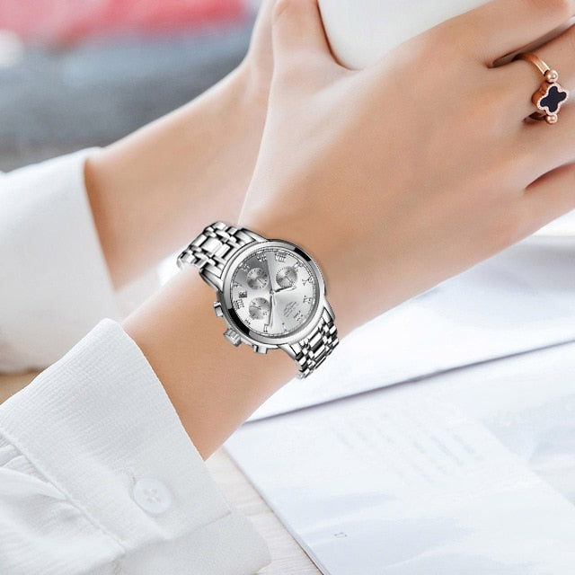 Ladies Watches Top Brand Luxury Fashion Stainless Steel Watch Women Chronograph Quartz Clock Waterproof Wristwatch silver white, China