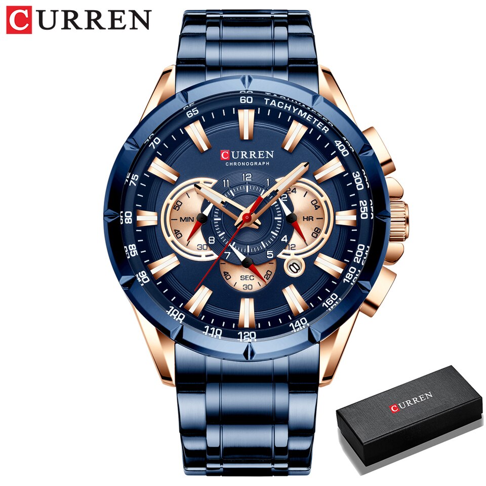 New Casual Sport Chronograph Men's Watches Stainless Steel Band Wristwatch Big Dial Quartz Clock with Luminous Pointers blue box