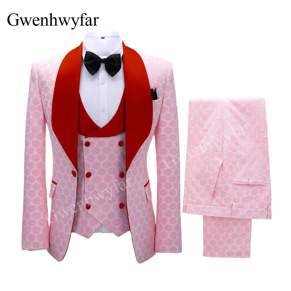 New Polka Dot Dress Suit for Men Custom Made Shawl Lapel Blazer Vest with Pants Fashion Wedding Tuxedos Groomsmen Wear image color 3, S