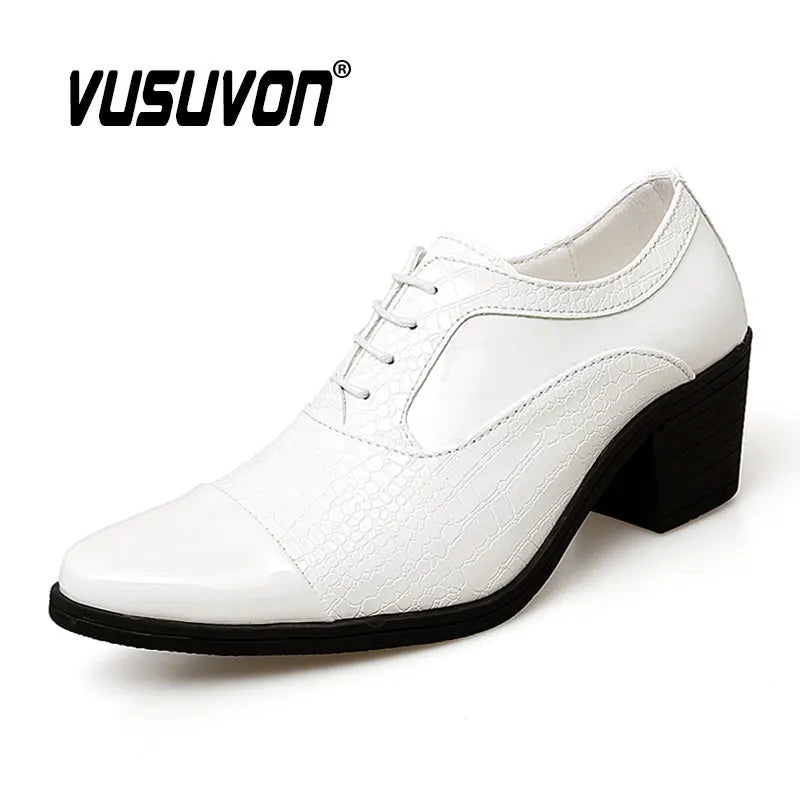 Black Oxford Shoes For Men Thick 6cm High Heels Patent Leather Casual Dress Lace Up Pattern Heighten Classic Wedding Party