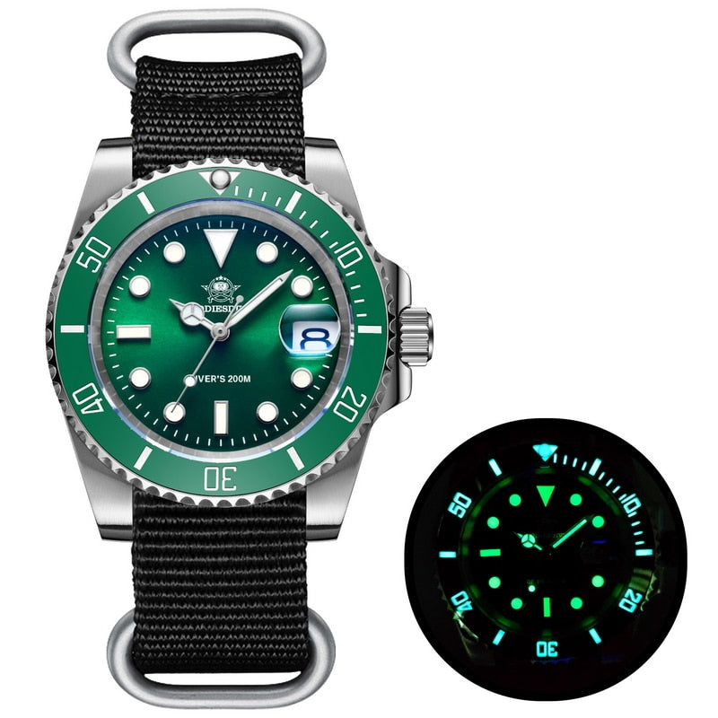 Men Luxury Quartz Watch 200m diver watches 41mm Ceramic Bezel Calendar Display Luminous Watches Men watch NATO green