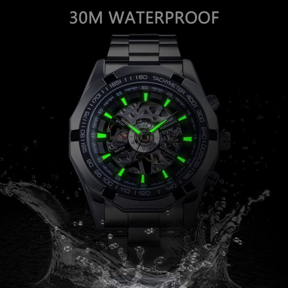 New Men Forsining Stainless Steel Watch Waterproof Mens Skeleton Watches Top Brand Luxury Transparent Mechanical Sport Male Wrist Watches