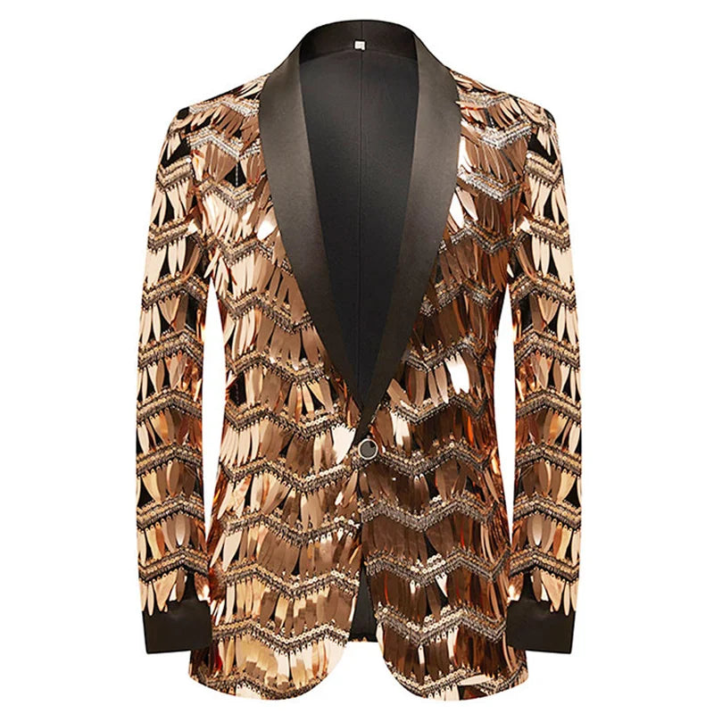 New Men Luxury Wave Striped Gold Sequin Blazer Shawl Lapel One Button Shiny Wedding Party Dinner Tuxedo Blazer Pattern 1 Gold Pink, US XXL