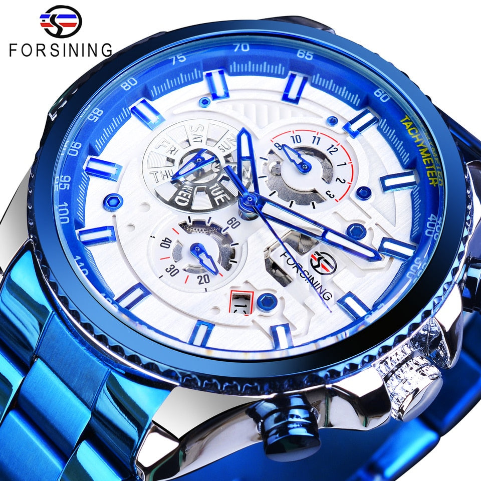 New Men Forsining Three Dial Calendar Watch Stainless Steel Men Mechanical Automatic Wrist Watches Top Brand Luxury Military Sport Male Clock