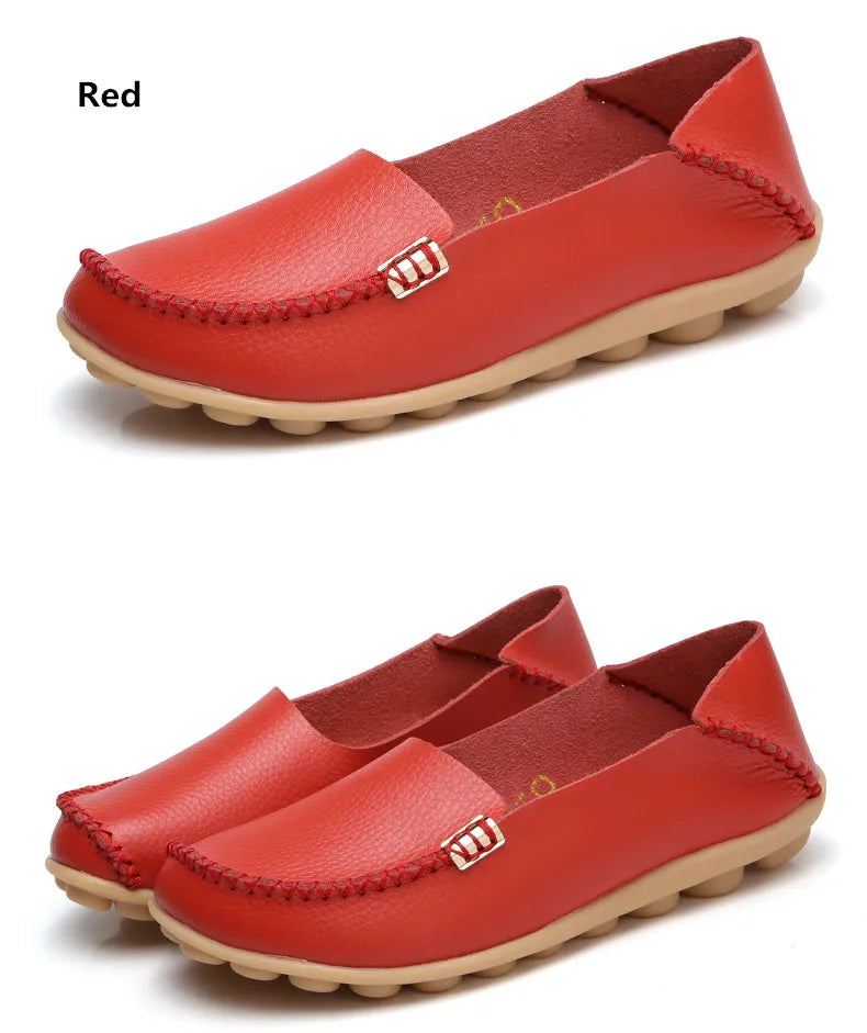 Summer Autumn Women Soft Genuine Leather Breathable Flats Non Slip on Casual Shoes with Round Toe for Mature Ladies Nurse