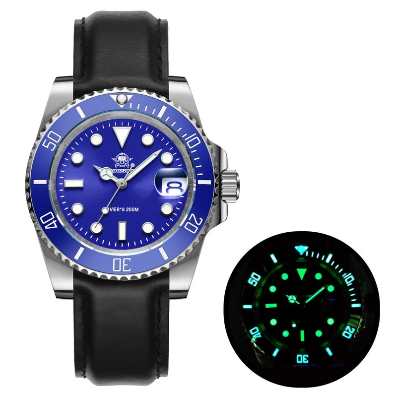 Men Luxury Quartz Watch 200m diver watches 41mm Ceramic Bezel Calendar Display Luminous Watches Men watch leather blue