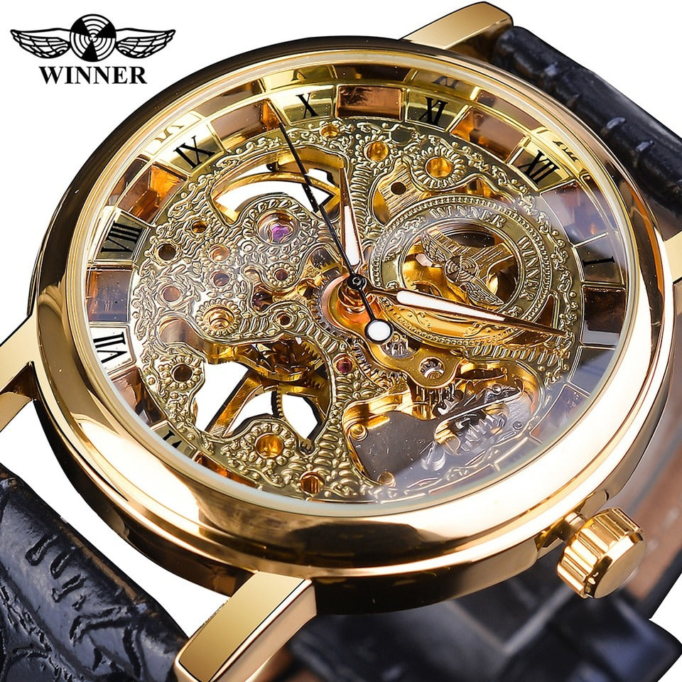 New Men Winner Transparent Golden Watch Luxury Casual Design Brown Leather Strap Mens Watches Top Brand Luxury Mechanical Skeleton Watch