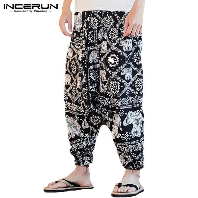 New Men Harem Pants Print Retro Drop Crotch Joggers Cotton Trousers Men Baggy Loose Nepal Style Men Casual Pants S 5XL S, Black, Pack of 1