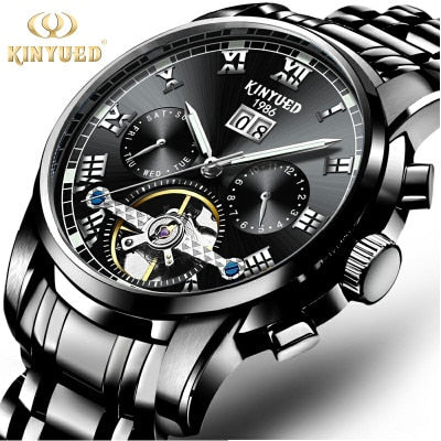 New Men Kinyued Stainless Steel Watch Band Automatic Mechanical Business Wrist Watch Luxury Brand Waterproof Watch for Men