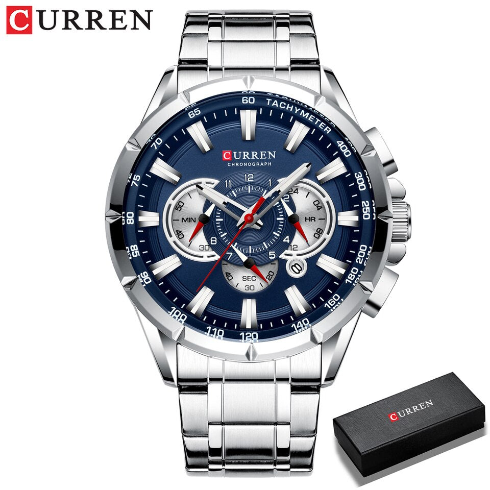 Men New CURREN Casual Sport Chronograph Men Watch Stainless Steel Band Wristwatch Big Dial Quartz Clock with Luminous Pointers silver blue box