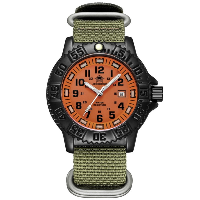 Addies Dive Men Fashion Casual Watch Calendar Display 50m Waterproof Tube Luminous Watch Orange Dial Rotating Bezel Quartz Watch