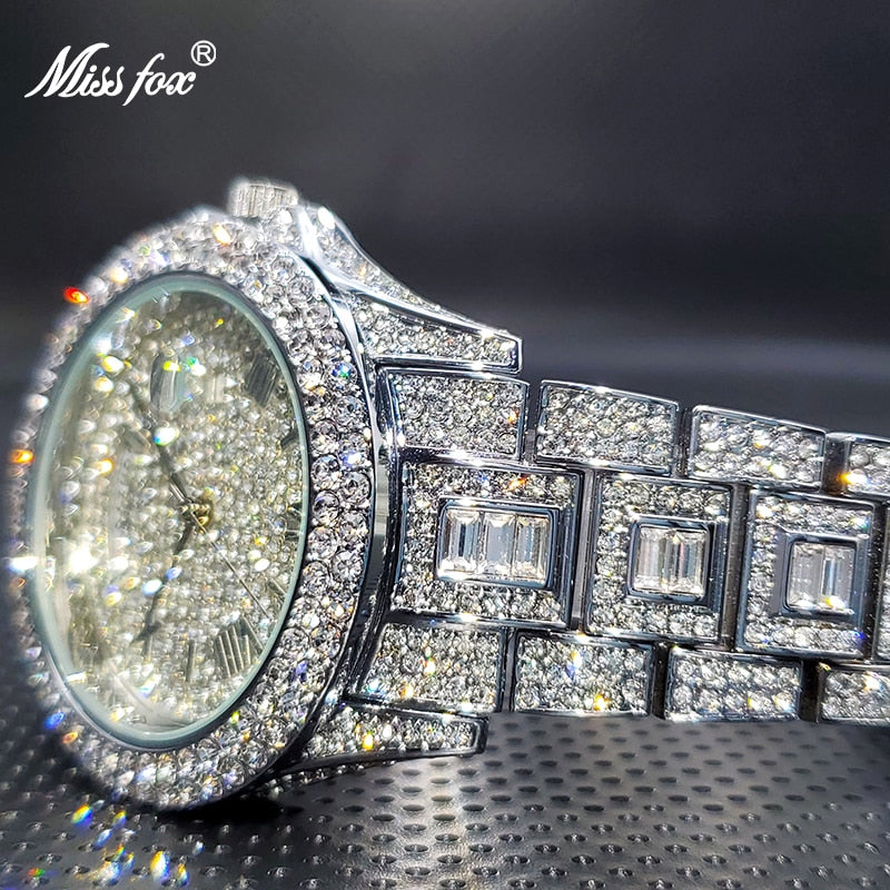 Relogio Masculino Luxury MISSFOX Ice Out Diamond Watch Multifunction Day Date Adjust Calendar Quartz Watches For Men