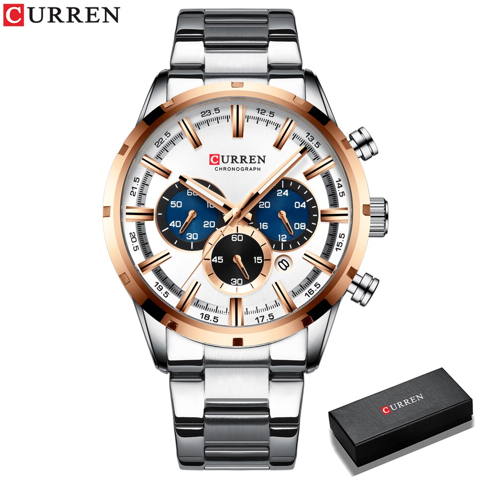 Men Watch Blue Dial Stainless Steel Band Date Mens Business Male Watches Waterproof Luxuries Men Wrist Watches for Men Silver white box