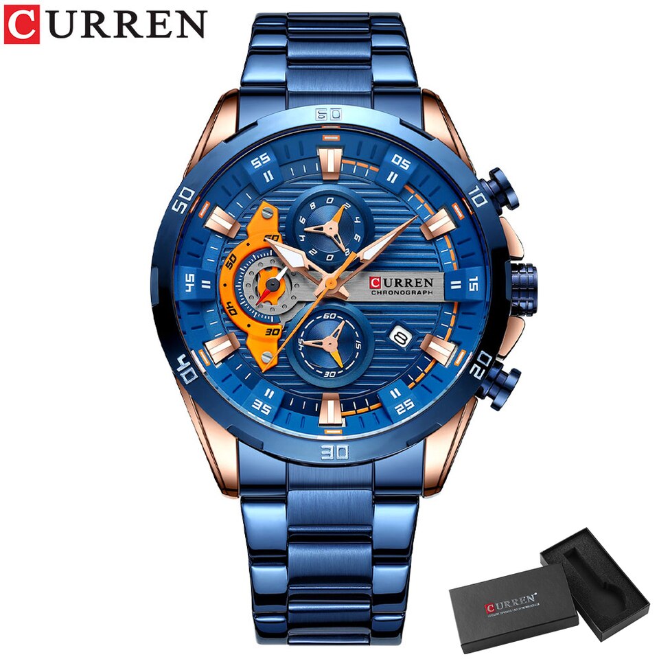 New Stainless Steel Watches for Mens Creative Fashion Luminous Dial with Chronograph Clock Male Casual Wristwatches blue box