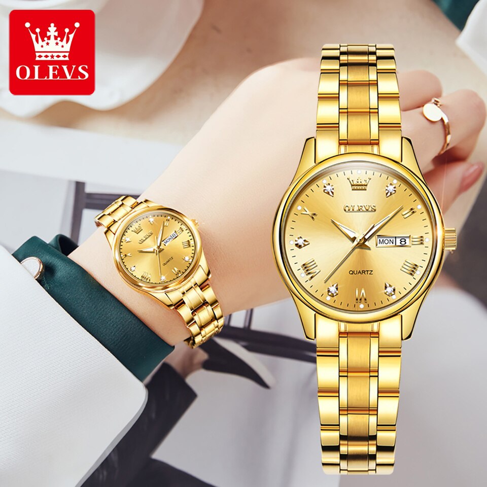 Watches Luxury Brands Fashion Rhinestone Stainless Steel Dual Calendar Quartz Ladies Wristwatches 5563 Reloj Mujer