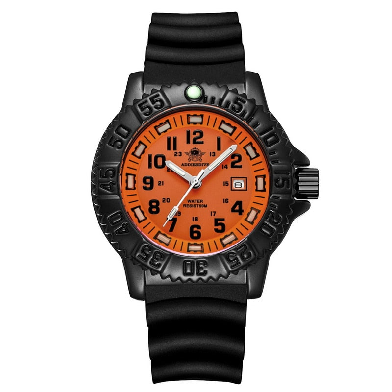 Addies Dive Men Fashion Casual Watch Calendar Display 50m Waterproof Tube Luminous Watch Orange Dial Rotating Bezel Quartz Watch rubber orange B, China