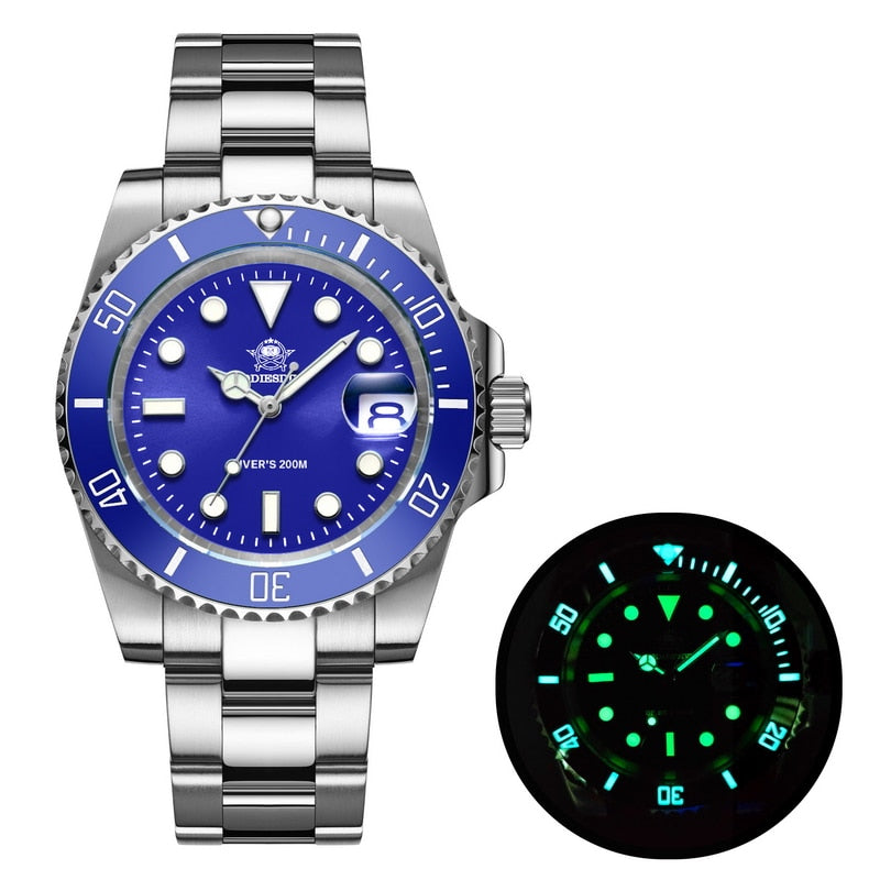 Men Luxury Quartz Watch 200m diver watches 41mm Ceramic Bezel Calendar Display Luminous Watches Men watch blue