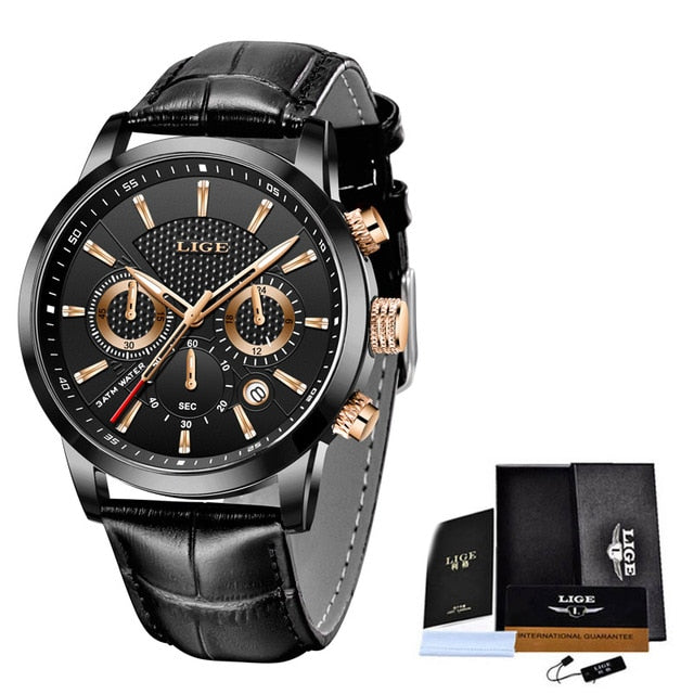 New Mens Watches LIGE Top Brand Leather Chronograph Waterproof Sport Automatic Date Quartz Watch For Men Relogio Masculino