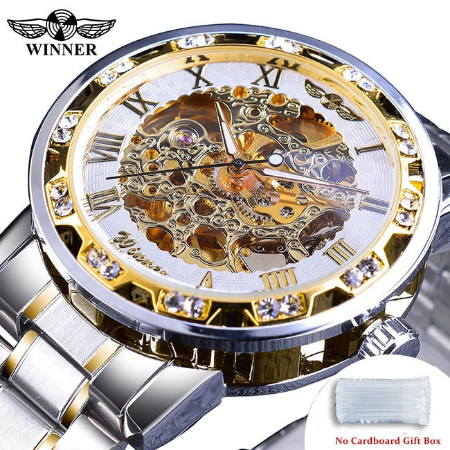 Winner Transparent Fashion Diamond Luminous Gear Movement Royal Design Men Top Brand Luxury Male Mechanical Skeleton Wrist Watch S1089-1Nobox