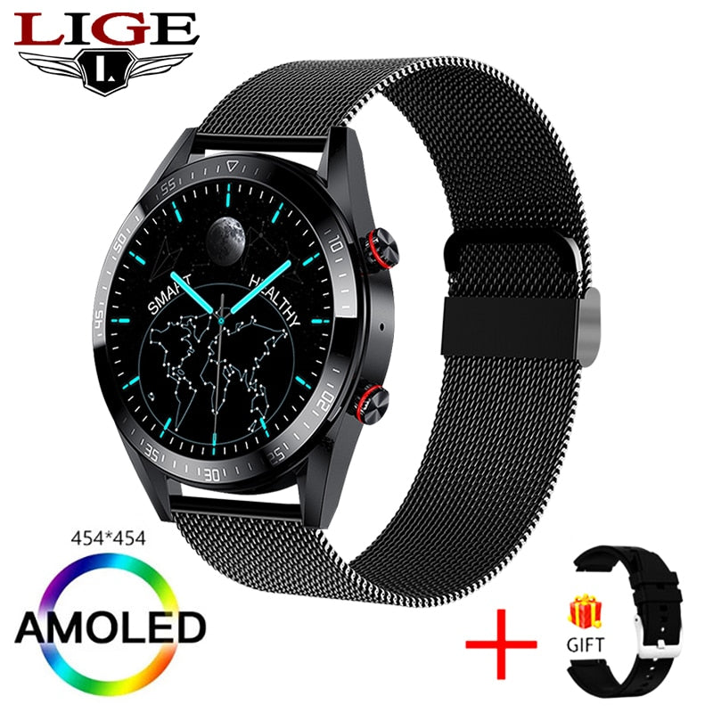 New 454*454 Screen Smart Watch Always Display The Time Bluetooth Call Local Music Smartwatch For Mens Android TWS Earphones Mesh belt black, China