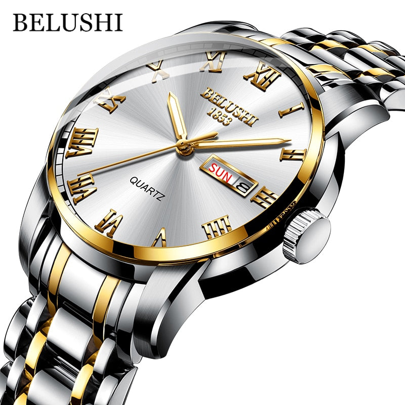 New Men Stainless Steel Business Date Clock Waterproof Luminous Watches Mens Luxury Sport Quartz Wrist Watch Silver Golden White