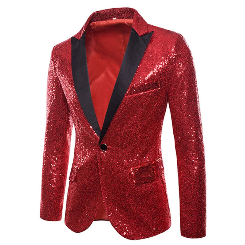 New Sequin One Button Shawl Collar Jacket Men Bling Glitter Nightclub Prom DJ Blazer XZ28 Red, S