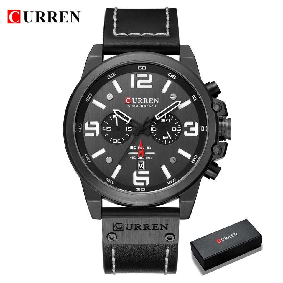 Men Watches Top Luxury Brand Waterproof Sport Wrist Watch Chronograph Quartz Military Genuine Leather Relogio Masculino black white-box