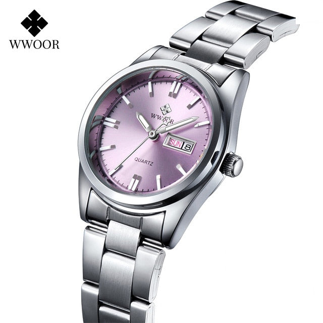 Ladies Watches Waterproof Quartz Silver Clock Women Automatic Date Dress Wrist Watch Reloj Mujer silver pink, China