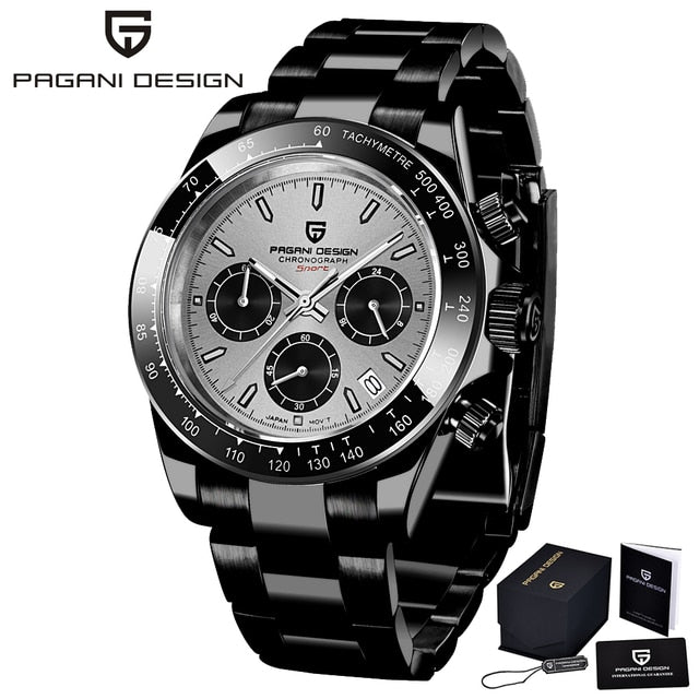 40mm New PAGANI DESIGN Men Quartz Watches Sapphire Luxury Chronograph Stainless Steel Waterproof Men Watch steel black white, China