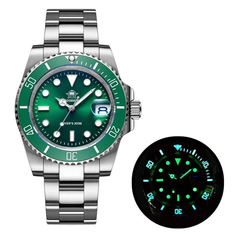 Men Luxury Quartz Watch 200m diver watches 41mm Ceramic Bezel Calendar Display Luminous Watches Men watch green