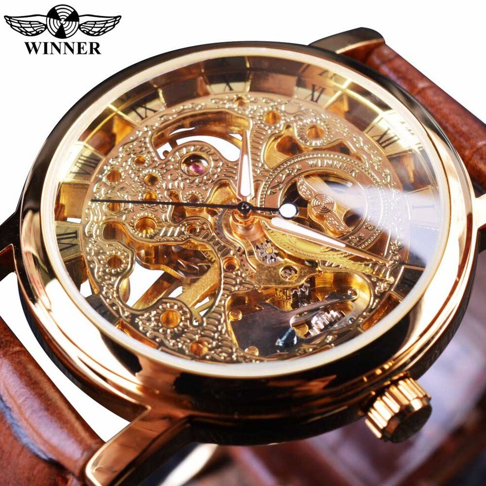 Winner Transparent Golden Case Luxury Casual Design Brown Leather Strap Mens Watches Top Brand Luxury Mechanical Skeleton Watch WIN358-5