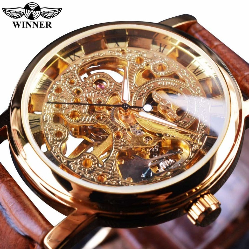 New Men Winner Transparent Golden Watch Luxury Casual Design Brown Leather Strap Mens Watches Top Brand Luxury Mechanical Skeleton Watch