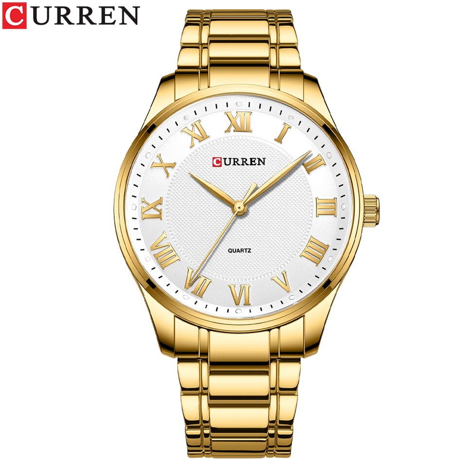 Classic Casual Watch for Men with Stainless Steel Band Simple Quartz Wristwatches with Rome Numbers for Business Man gold white