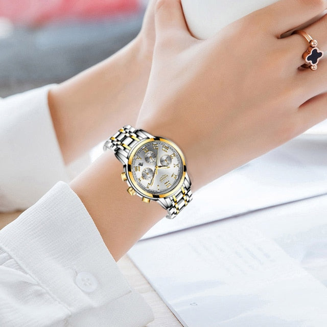 Ladies Watches Top Brand Luxury Fashion Stainless Steel Watch Women Chronograph Quartz Clock Waterproof Wristwatch gold white, SPAIN